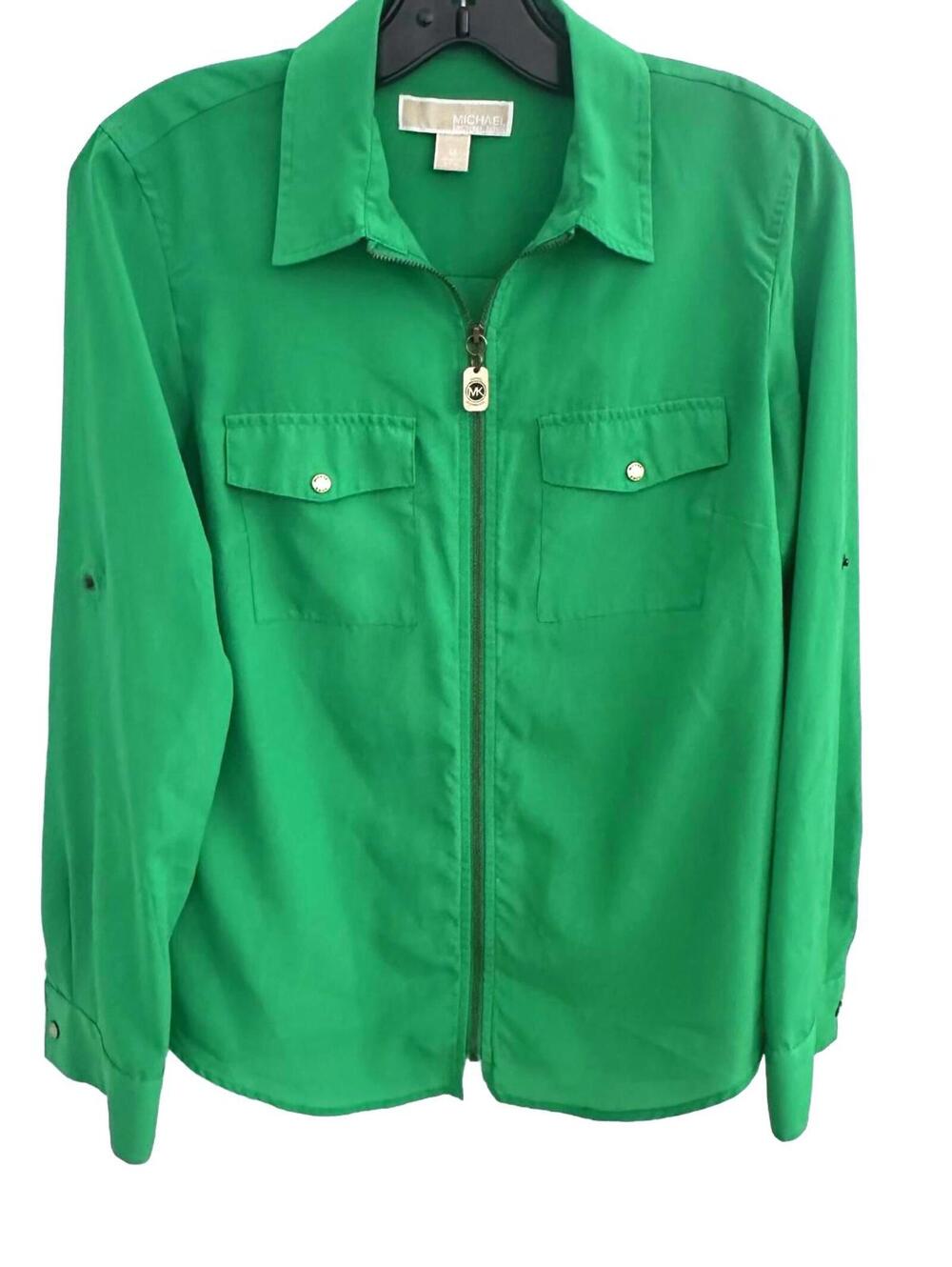 MICHAEL Michael Kors Bright Green Zip Front Blouse Long Sleeve Women’s - M